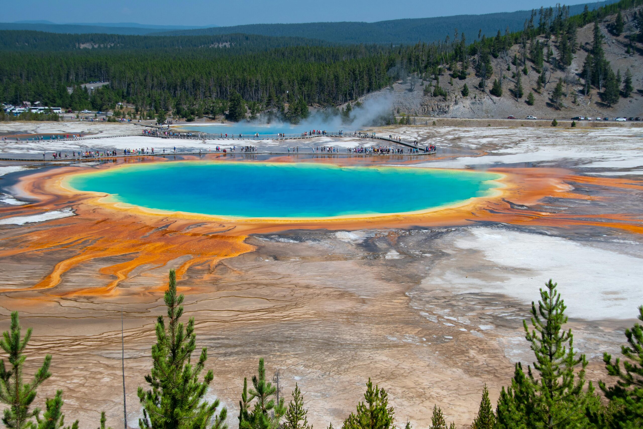 Stunning aerial shot of Grand Prismatic Spring, Yellowstone's colorful hot spring.